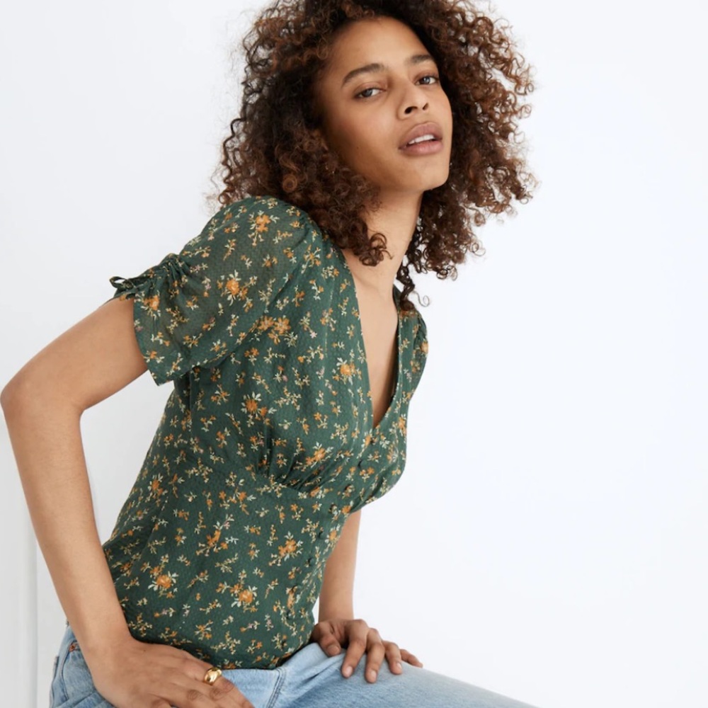 MADEWELL Silk Evie Tie-Sleeve Top in Fresh Sprigs. Excellent condition